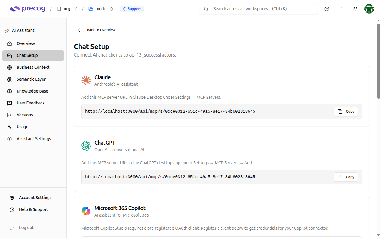 Chat Setup page showing MCP URL and client cards