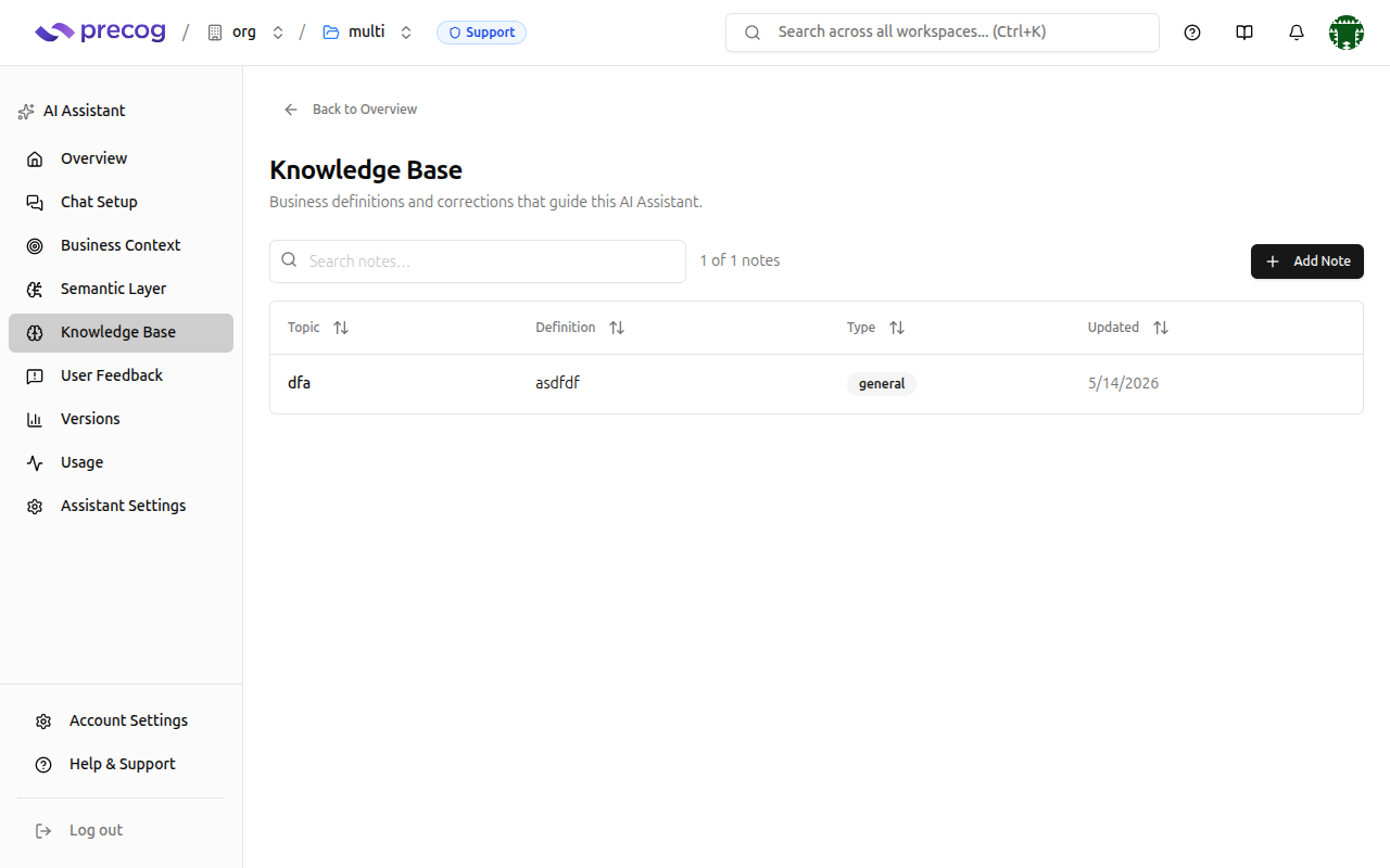 Knowledge Base table view showing factors list