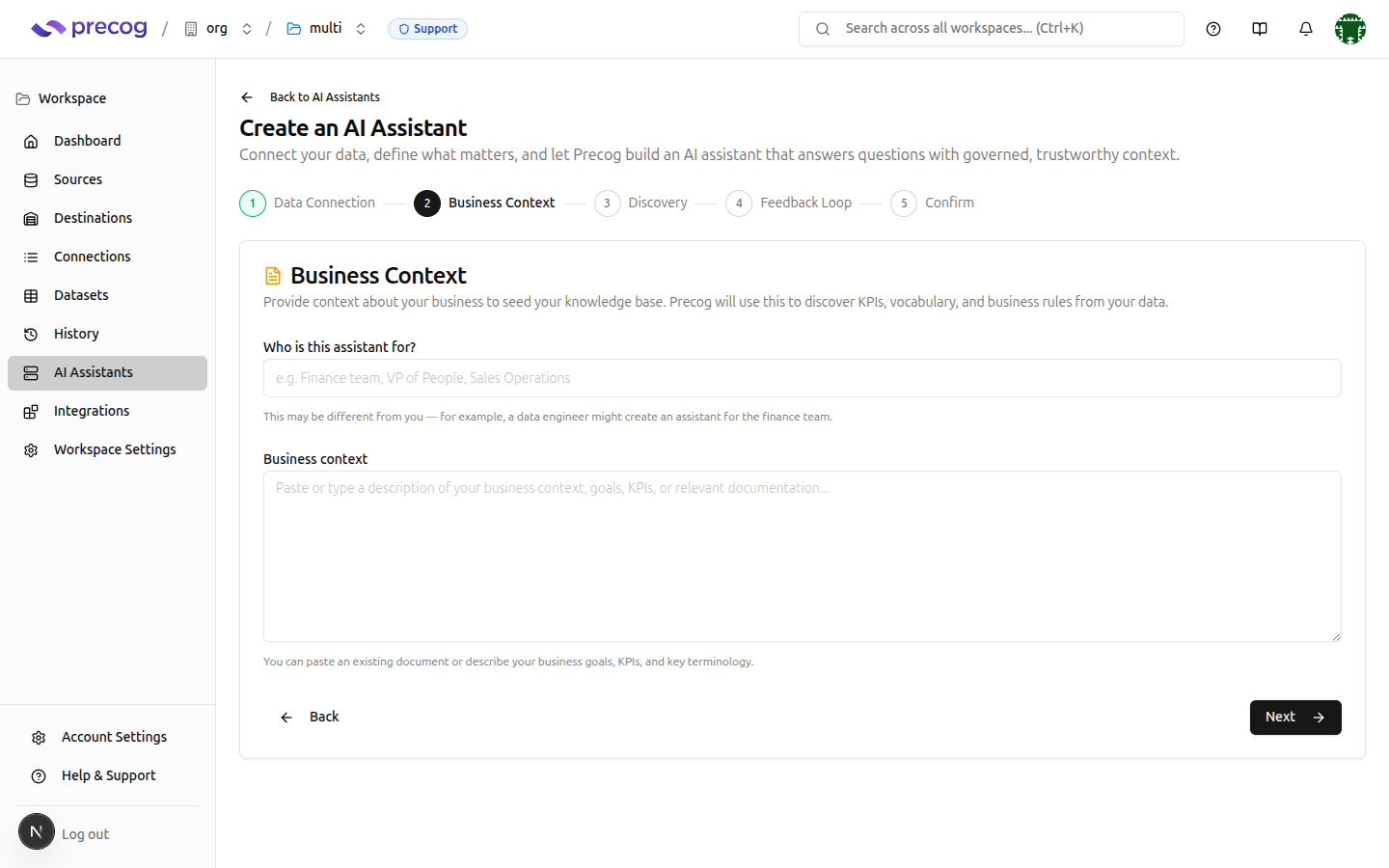 Business Context step showing use case input